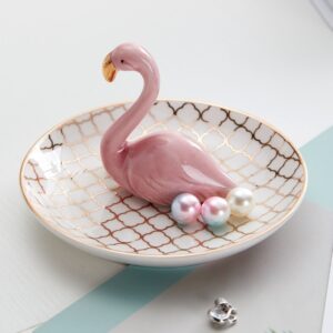 Luxury Porcelain Adorable Flamingos Jewelry Ring Holder - Ceramic Display - Rack Jewelry Dish Organizer – Perfect for Hold Rings - Chain Bracelets Earrings Trays Dish, Grid Disk-Pink