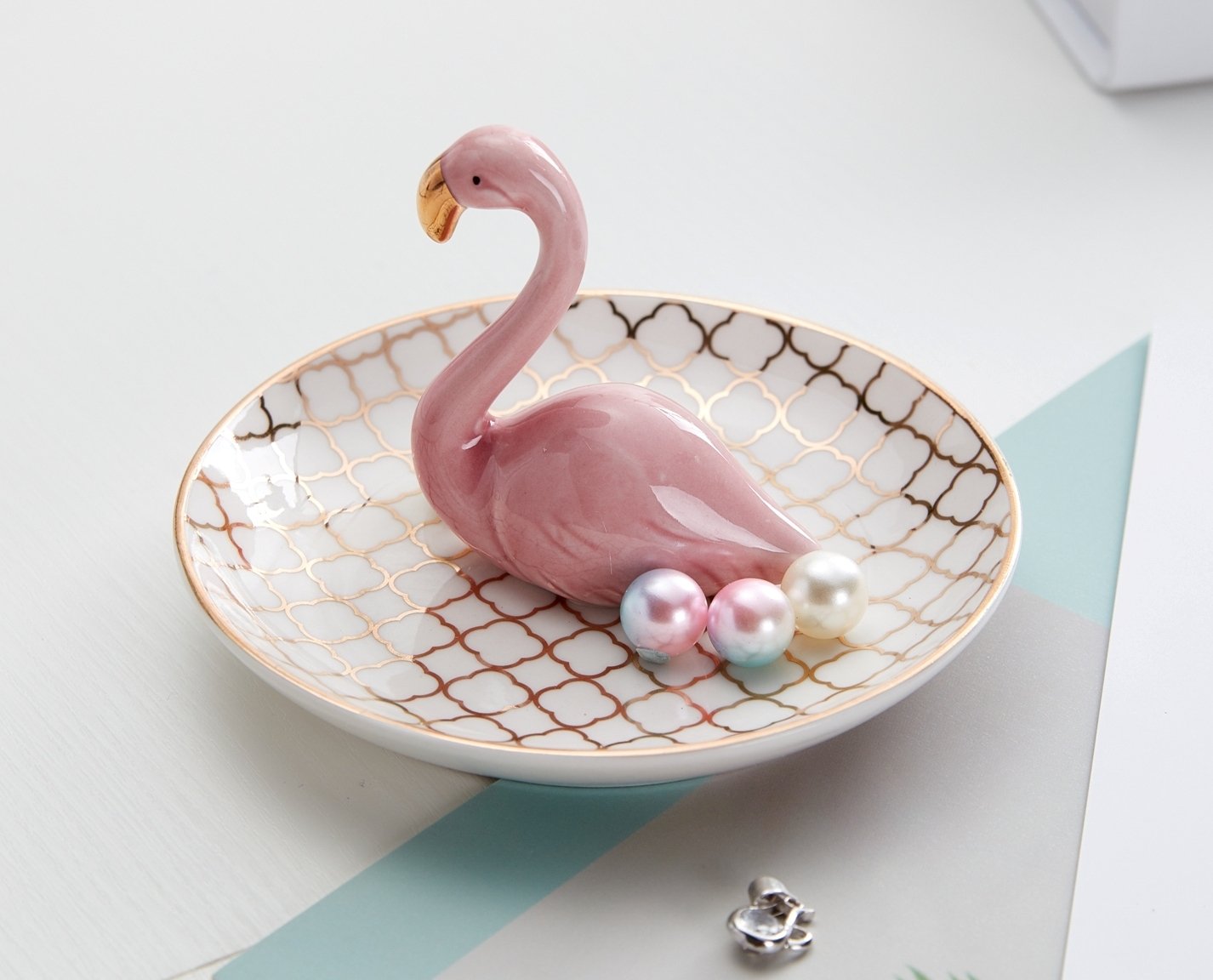 Luxury Porcelain Adorable Flamingos Jewelry Ring Holder - Ceramic Display - Rack Jewelry Dish Organizer – Perfect for Hold Rings - Chain Bracelets Earrings Trays Dish, Grid Disk-Pink