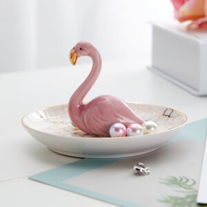 Luxury Porcelain Adorable Flamingos Jewelry Ring Holder - Ceramic Display - Rack Jewelry Dish Organizer – Perfect for Hold Rings - Chain Bracelets Earrings Trays Dish, Grid Disk-Pink