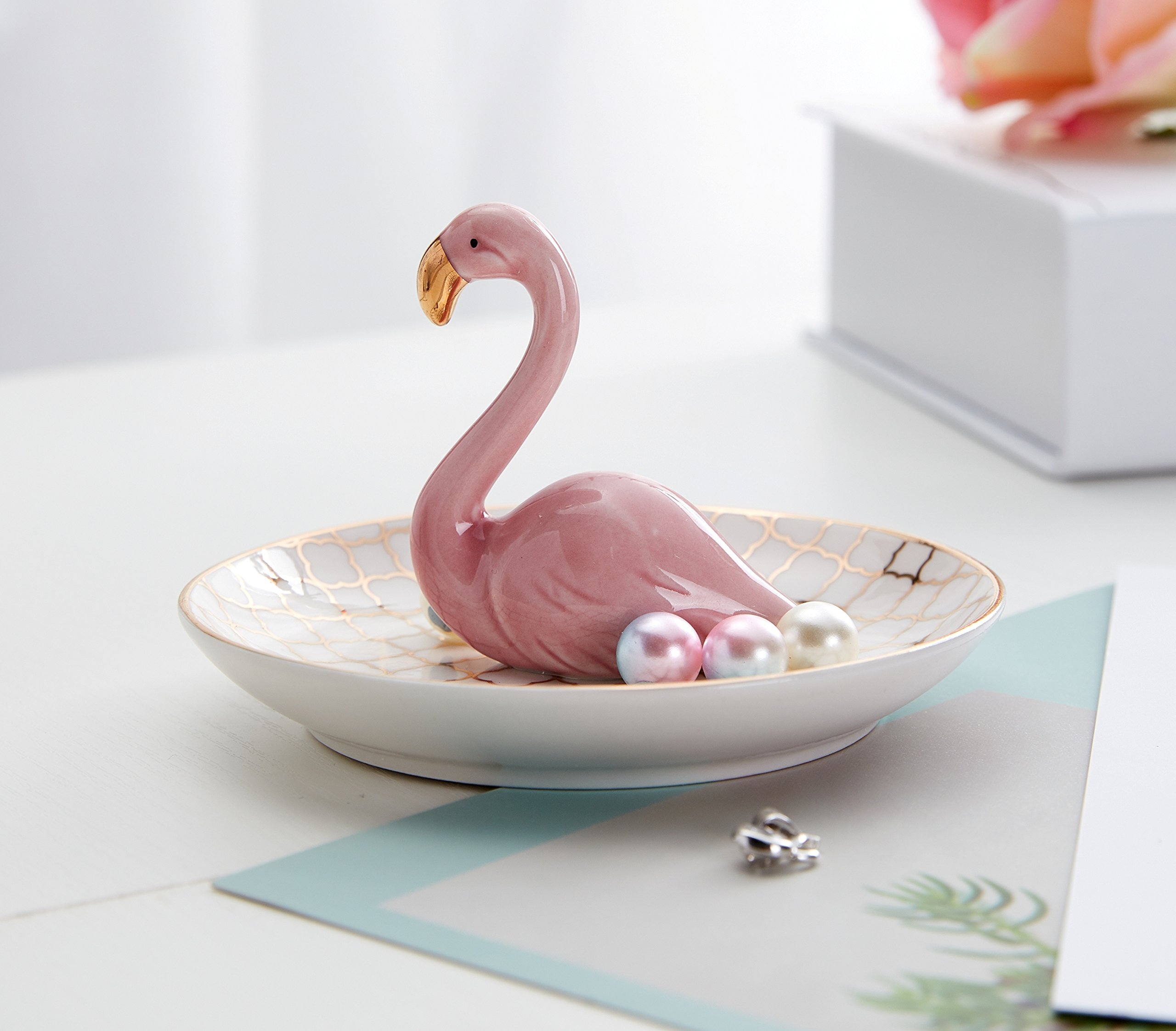 Luxury Porcelain Adorable Flamingos Jewelry Ring Holder - Ceramic Display - Rack Jewelry Dish Organizer – Perfect for Hold Rings - Chain Bracelets Earrings Trays Dish, Grid Disk-Pink