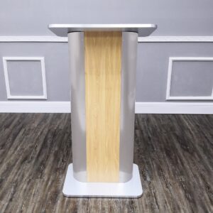 FixtureDisplays® 49"H Maple Melamine Podium Pulpit Lectern with Curved Brushed Stainless Steel Sides 19629