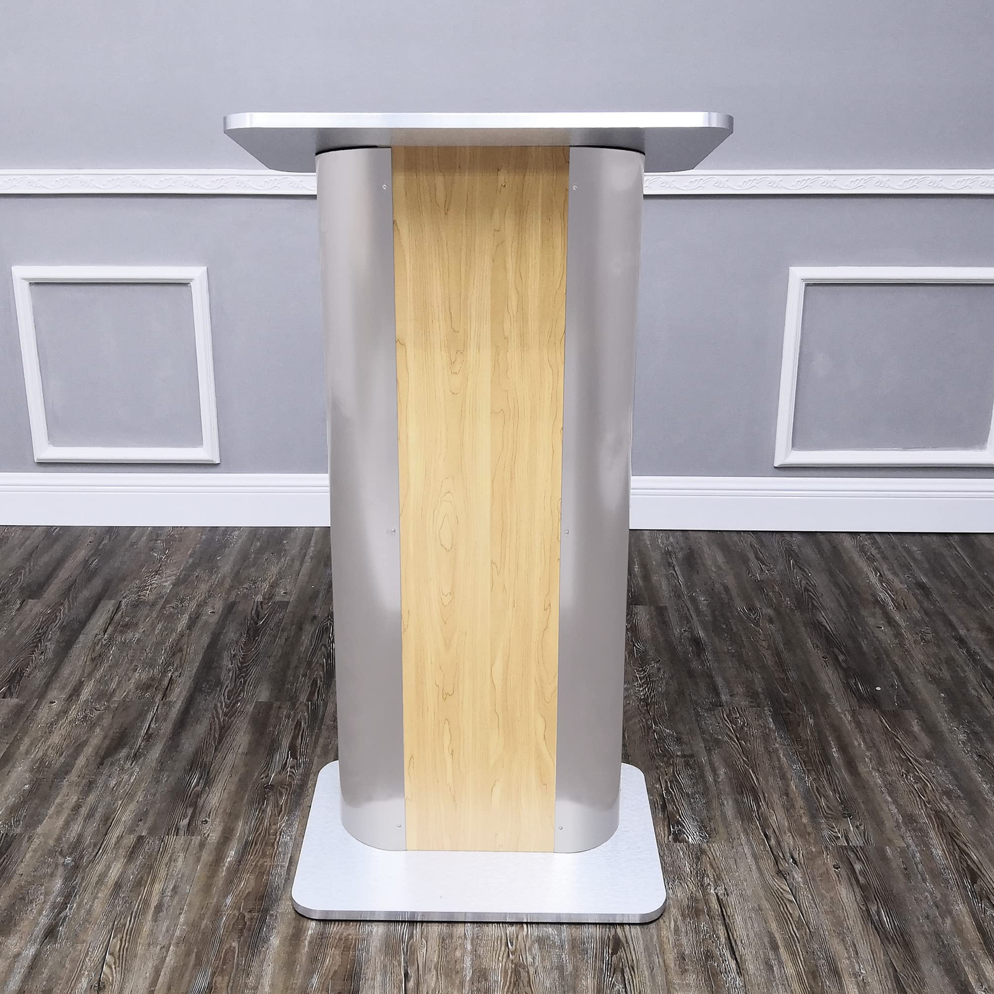 FixtureDisplays® 49"H Maple Melamine Podium Pulpit Lectern with Curved Brushed Stainless Steel Sides 19629