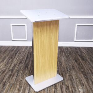 FixtureDisplays® 49"H Maple Melamine Podium Pulpit Lectern with Curved Brushed Stainless Steel Sides 19629