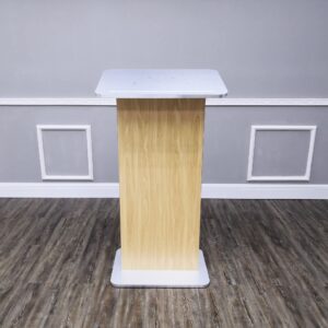 FixtureDisplays® 49"H Maple Melamine Podium Pulpit Lectern with Curved Brushed Stainless Steel Sides 19629