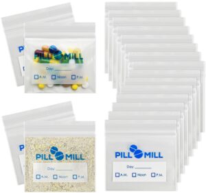 pill bag count - size 3" x 2" 3 mil – plastic pill organizer bags – small pocket pill baggies – travel pill pouch– daily am pm medicine storage pouches – locking pill carrier container (100-pack)
