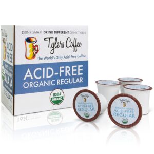 tyler's coffee acid-free regular medium roast arabica k-cups coffee pods - natural, organic blend for common gi issues and gentle on digestion coffee k cup, caffeinated kcup coffee, 16 count kpods