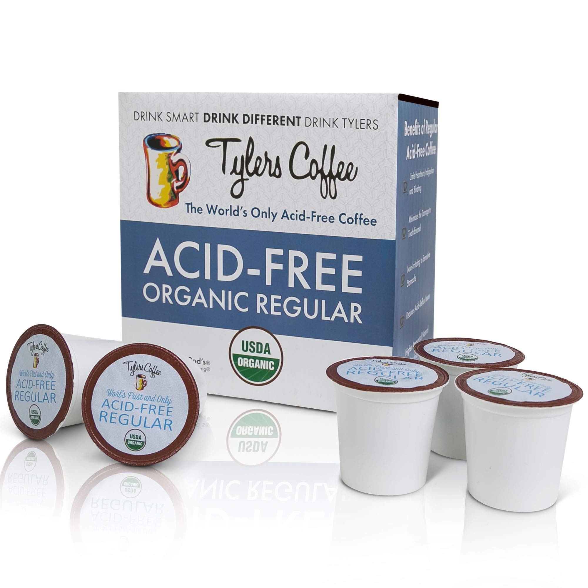 Tyler's Coffee Acid-Free Regular Medium Roast Arabica K-cups Coffee Pods - Natural, Organic Blend for Common GI Issues and Gentle on Digestion Coffee K Cup, Caffeinated Kcup Coffee, 16 Count Kpods