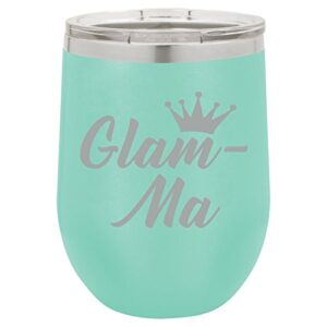 12 oz double wall vacuum insulated stainless steel stemless wine tumbler glass coffee travel mug with lid glam-ma mom mother grandmother grandma (teal)