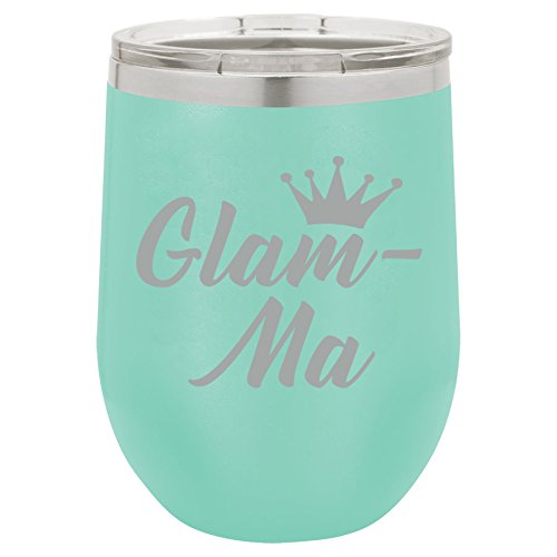 12 oz Double Wall Vacuum Insulated Stainless Steel Stemless Wine Tumbler Glass Coffee Travel Mug With Lid Glam-Ma Mom Mother Grandmother Grandma (Teal)