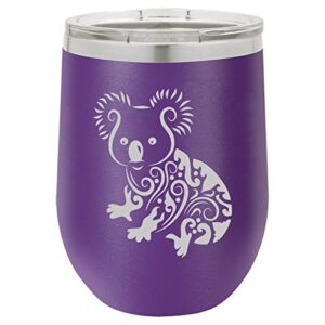 12 oz double wall vacuum insulated stainless steel stemless wine tumbler glass coffee travel mug with lid fancy koala bear (purple)