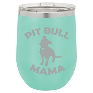 12 oz double wall vacuum insulated stainless steel stemless wine tumbler glass coffee travel mug with lid pit bull mama (teal)