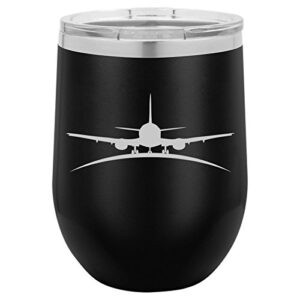 12 oz double wall vacuum insulated stainless steel stemless wine tumbler glass coffee travel mug with lid airplane pilot flight attendant (black)