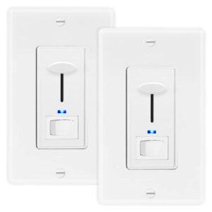maxxima dimmer electrical light switch - featuring blue indicator light, led compatible, 3-way/single pole use, 600 watt max, dimmable lamp and lighting control, wall plate included - 2 pack
