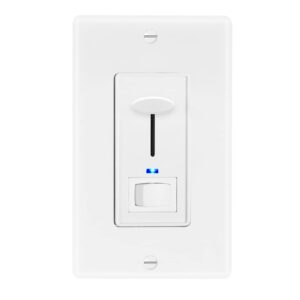 maxxima dimmer electrical light switch - featuring blue indicator light, led compatible, 3-way/single pole use, 600 watt max, dimmable lamp and lighting control, wall plate included - white