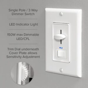 Maxxima Dimmer Electrical Light Switch - Featuring Blue Indicator Light, LED Compatible, 3-Way/Single Pole Use, 600 Watt Max, Dimmable Lamp and Lighting Control, Wall Plate Included - White