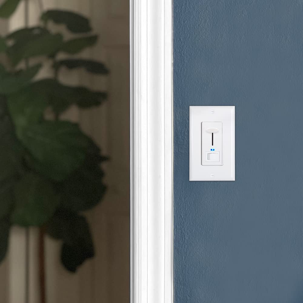 Maxxima Dimmer Electrical Light Switch - Featuring Blue Indicator Light, LED Compatible, 3-Way/Single Pole Use, 600 Watt Max, Dimmable Lamp and Lighting Control, Wall Plate Included - White