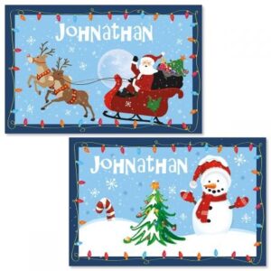 santa and sleigh personalized kids christmas placemat - 11" x 17" reversible laminated placemat by lillian vernon