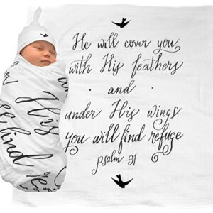 Under His Wings Muslin Swaddle & Bonus Baby Hat with Scripture Quote (Psalm 91) - 100% Organic Unbleached Cotton - Swaddle/Blanket is a Unique Shower & Baptism Gift -