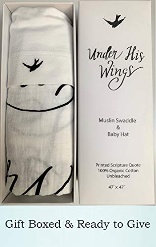 Under His Wings Muslin Swaddle & Bonus Baby Hat with Scripture Quote (Psalm 91) - 100% Organic Unbleached Cotton - Swaddle/Blanket is a Unique Shower & Baptism Gift -