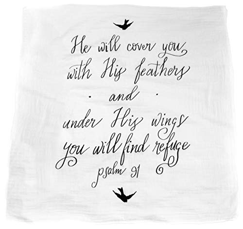 Under His Wings Muslin Swaddle & Bonus Baby Hat with Scripture Quote (Psalm 91) - 100% Organic Unbleached Cotton - Swaddle/Blanket is a Unique Shower & Baptism Gift -