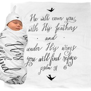 Under His Wings Muslin Swaddle & Bonus Baby Hat with Scripture Quote (Psalm 91) - 100% Organic Unbleached Cotton - Swaddle/Blanket is a Unique Shower & Baptism Gift -