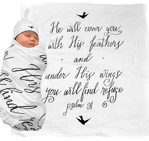 Under His Wings Muslin Swaddle & Bonus Baby Hat with Scripture Quote (Psalm 91) - 100% Organic Unbleached Cotton - Swaddle/Blanket is a Unique Shower & Baptism Gift -