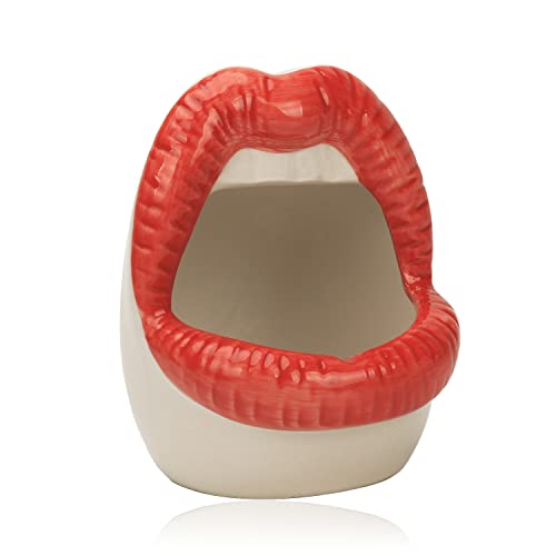 K COOL Creative Ceramics Cigarette Ashtray with Lip Teeth Tabletop Portable Modern Ashtrays for Outdoor Indoor Smoking Ash Tray for Home office Decor Handmade Gift for Men Women-LightRed