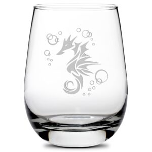 integrity bottles tribal seahorse design stemless wine glass, handmade, handblown, hand etched gifts, sand carved, 16oz