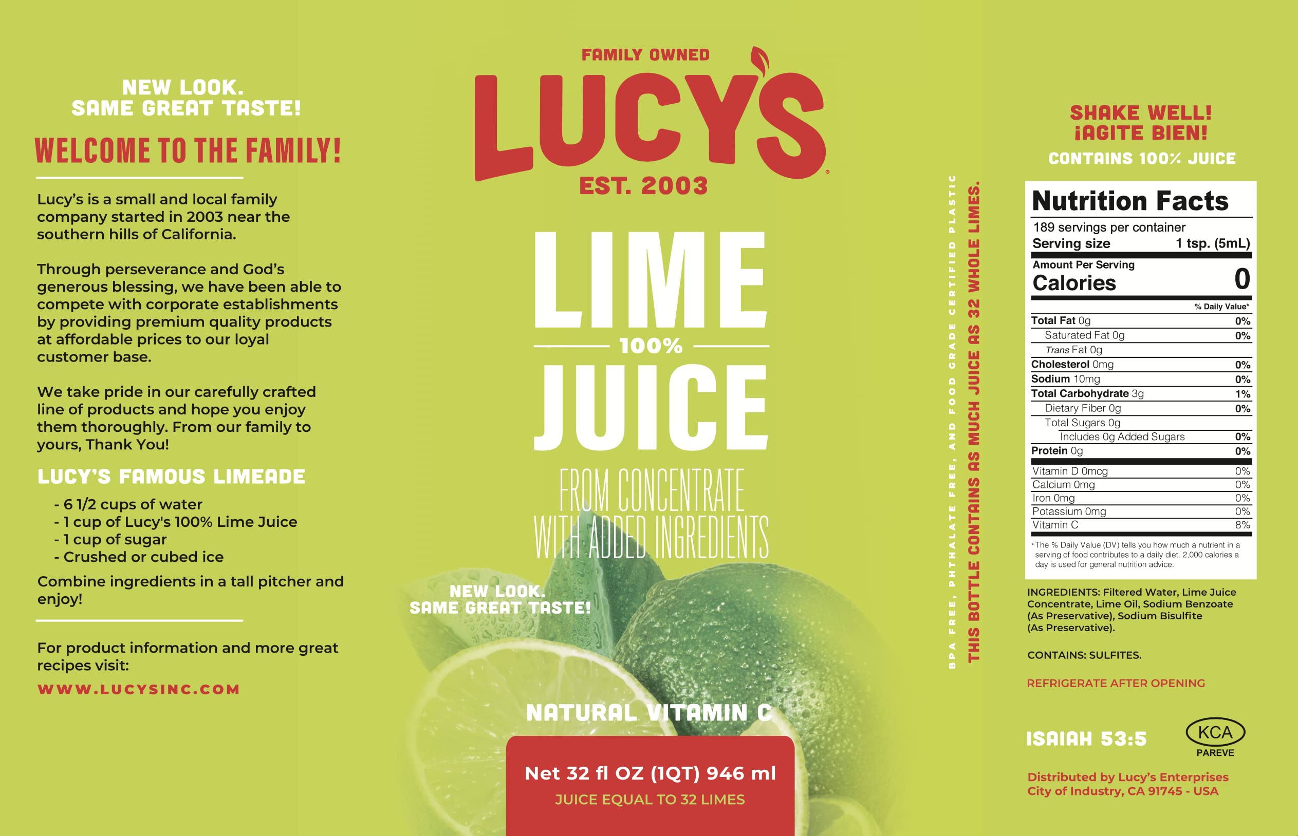 Lucy’s Family Owned - 100% Lime Juice, 32 oz. Bottle (Pack of 2)