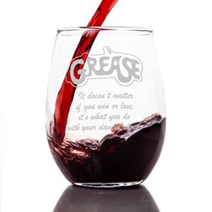 grease etched stemless wine glass - w/logo & quote "it doesn't matter if you win or lose, it's what you do with your dancin' shoes" - premium quality licensed, handcrafted glassware 15oz
