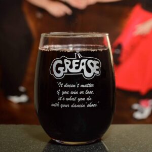 Grease Etched Stemless Wine Glass - w/Logo & Quote "It doesn't matter if you win or lose, it's what you do with your dancin' shoes" - Premium Quality Licensed, Handcrafted Glassware 15oz