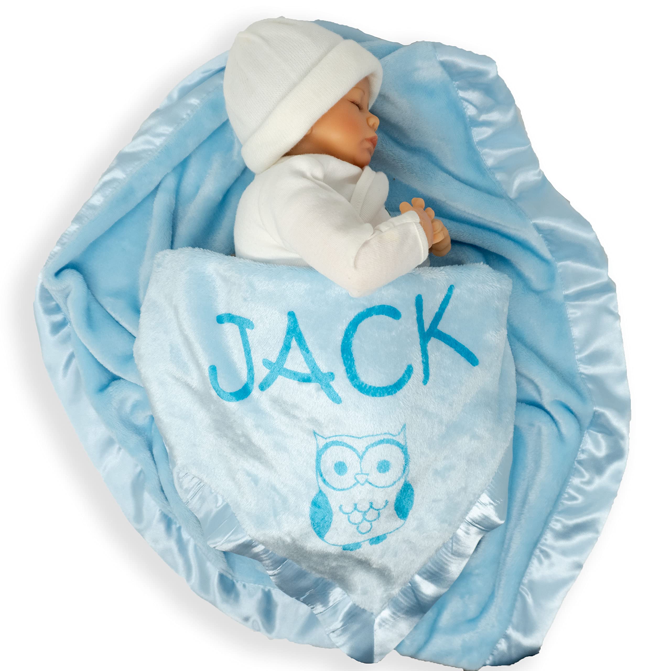 Custom Catch Personalized Owl Baby Blanket Gift for Boy - Infant or Newborn Name (1 Line of Text)