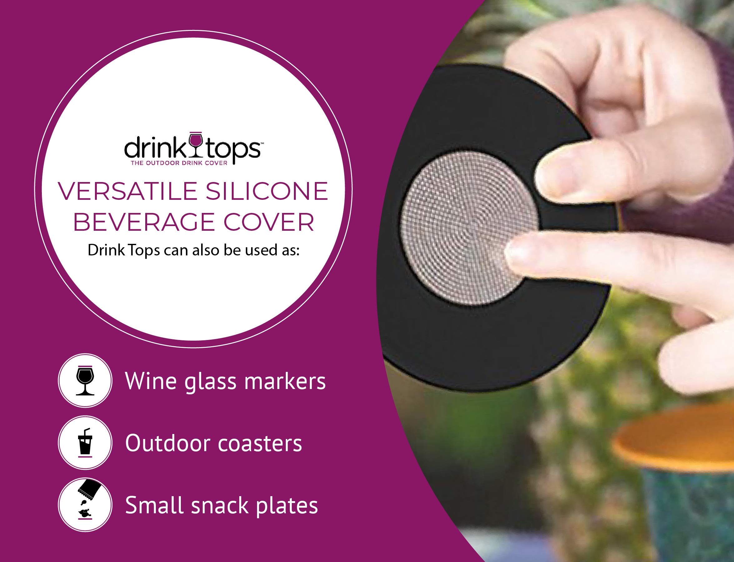 Coverware Drink Tops Ventilated Silicone Wine Glass Covers - Weighted Cover with Screen Allows Wine to Breathe - Outdoor Wine Glass Covers to Keep Particles Out - BPA Free - 4 Pack