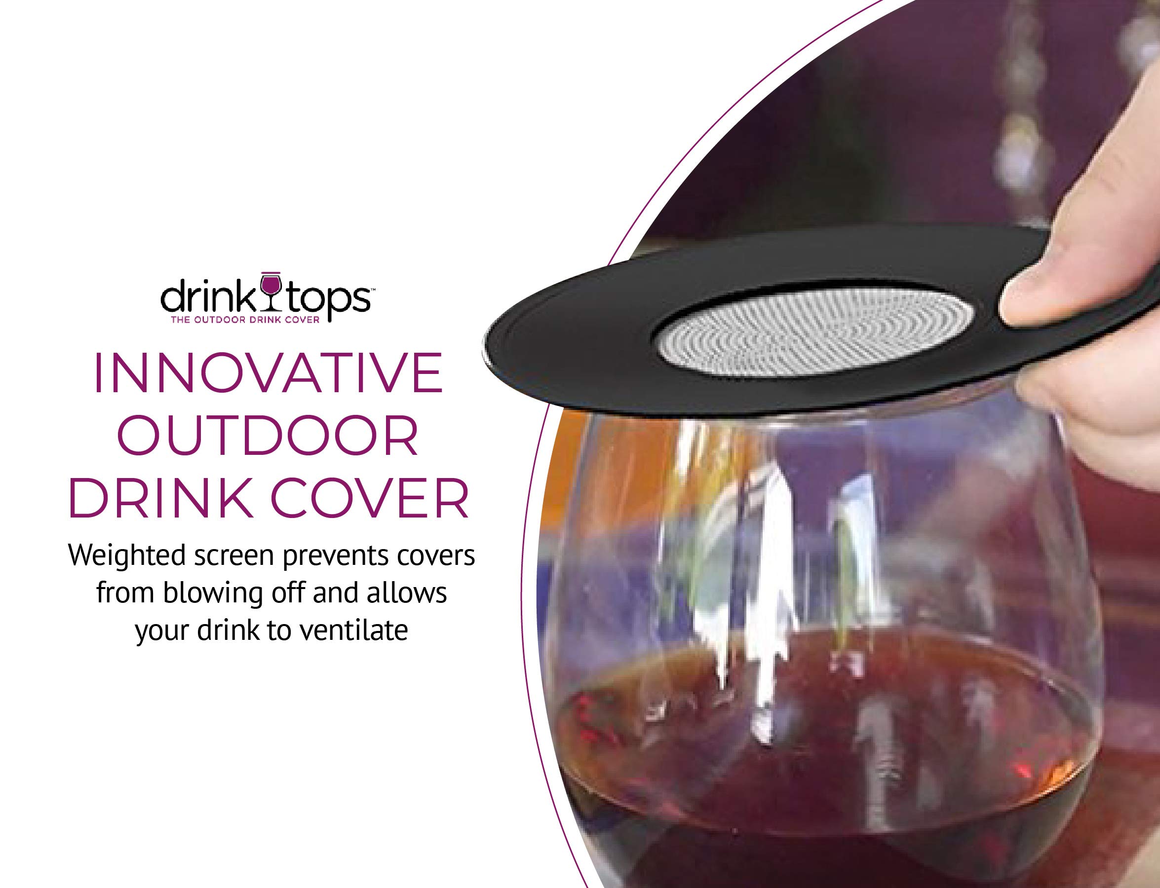 Coverware Drink Tops Ventilated Silicone Wine Glass Covers - Weighted Cover with Screen Allows Wine to Breathe - Outdoor Wine Glass Covers to Keep Particles Out - BPA Free - 4 Pack