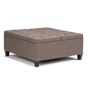 atlin designs 36" square coffee table, lift top storage ottoman for living room, footrest stool in upholstered tufted linen fabric in fawn brown