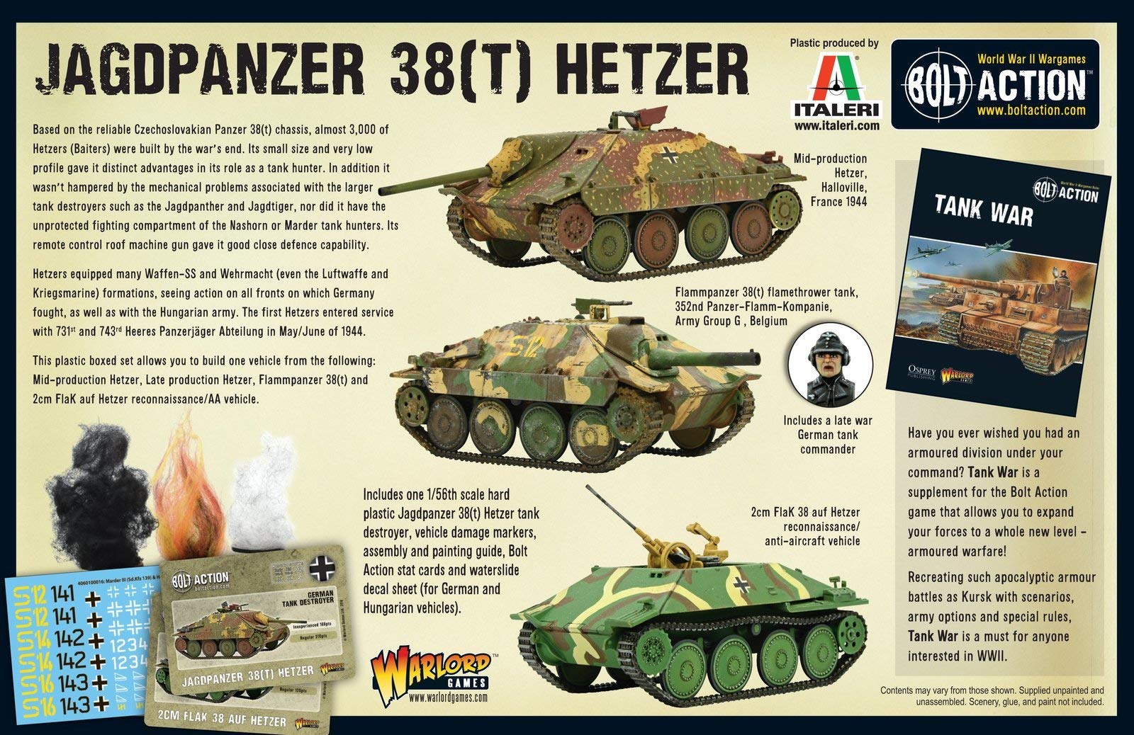 Bolt Action Jagdpanzer 38(t) Hetzer Tank 1:56 WWII Military Wargaming Plastic Model Kit