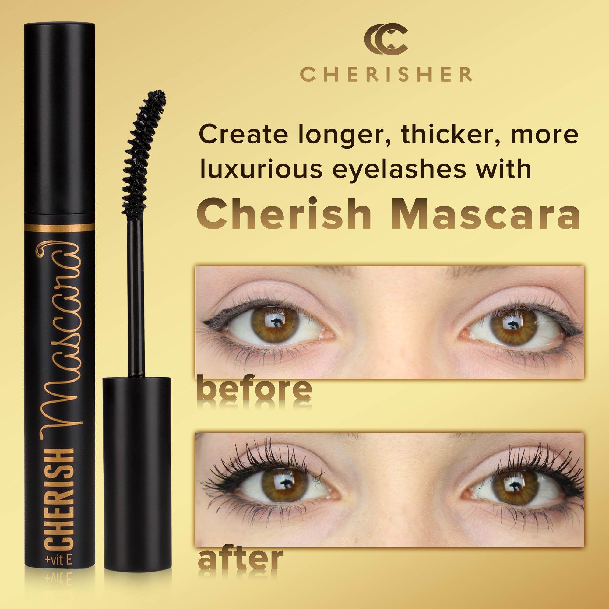 Lengtening Hypoallergenic Cherish Mascara With Vitamin E | Premium Deep Black Color Gluten Free Volumizing Eye Mascara With Vitamins Makes Perfect Natural Bold Eyelashes And Care Your Sensitive Eyes