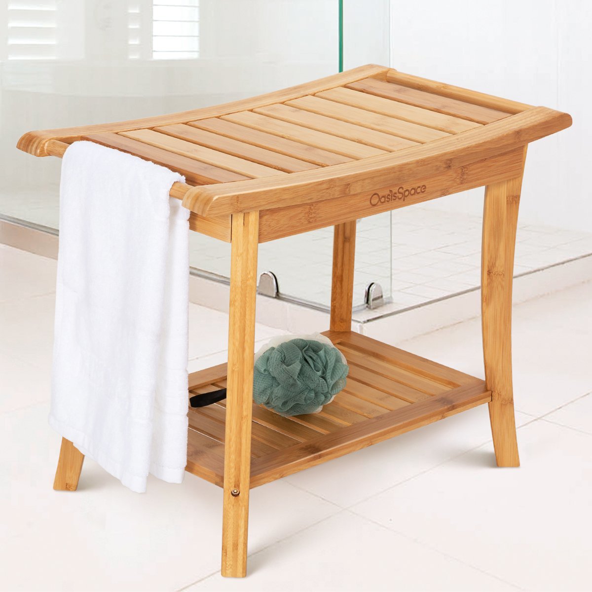 OasisSpace Bamboo Shower Bench, 24" Waterproof Shower Chair with Storage Shelf, Wood Spa Bath Organizer Seat Stool, Perfect for Indoor or Outdoor