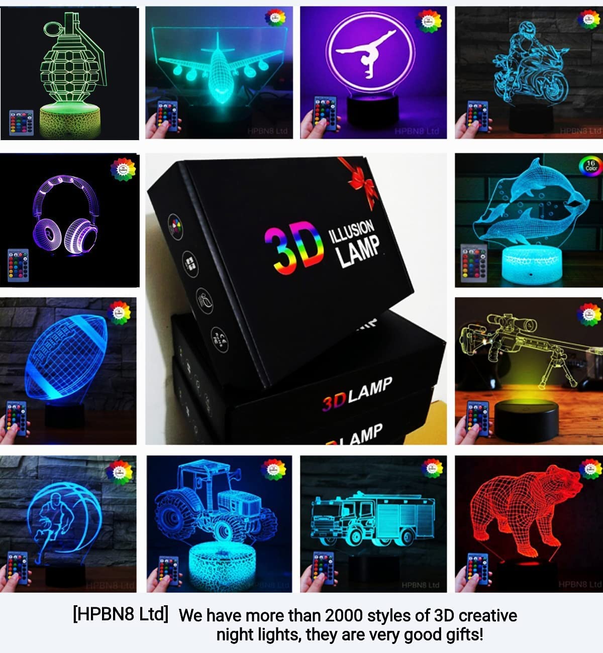 HPBN8 Ltd Creative 3D Swimming Night Light USB Powered Touch Switch Remote Control LED Decor Optical Illusion 3D Lamp 7/16 Colors Changing Children Kids Toy Christmas Xmas Brithday Gift