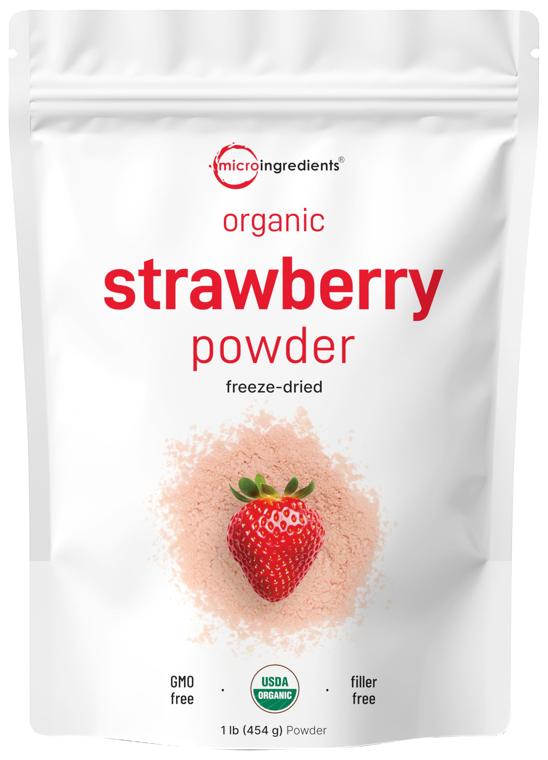 Organic Strawberry Powder, 1 Lb | 100% Natural Fruit Powder | Freeze-Dried Strawberries Source | No Sugar & Additives | Great Flavor for Drinks, Smoothie, & Beverages | Non-GMO & Vegan Friendly