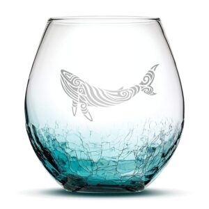 integrity bottles tribal whale design stemless wine glass, handmade, handblown, hand etched gifts, sand carved, 18oz (crackle teal)