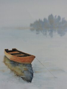 "peace" rowboat on a misty lake - print of boat - watercolor print