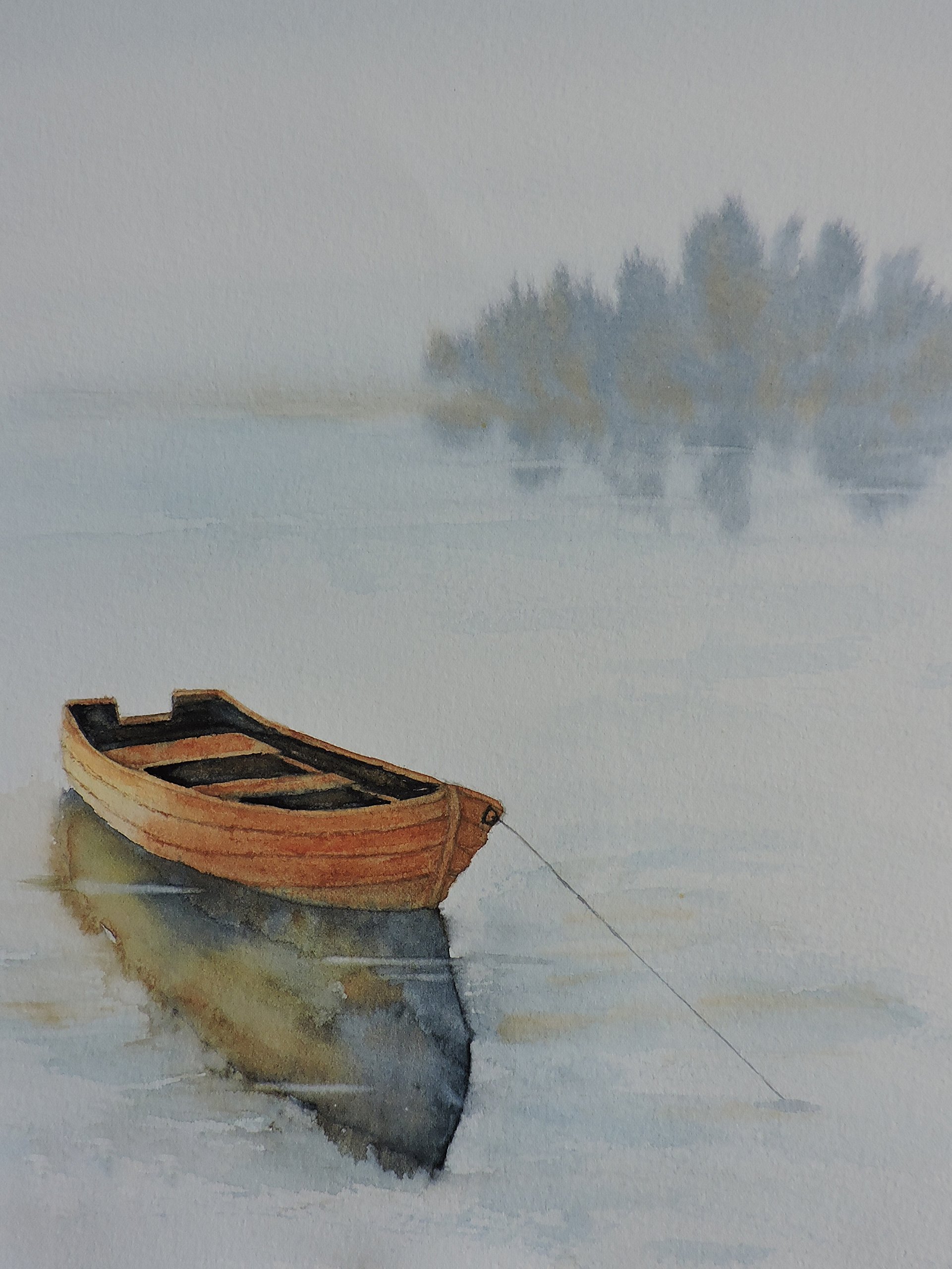 "Peace" Rowboat on a Misty Lake - Print of Boat - Watercolor Print