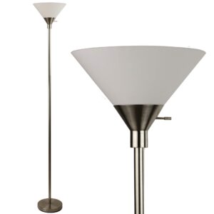 metro modern floor lamp 72" tall floor light brushed nickel metal with white shade - stand up lamp - uplight pole light standing lamp floor lamp for bedroom silver floor lamps for living room