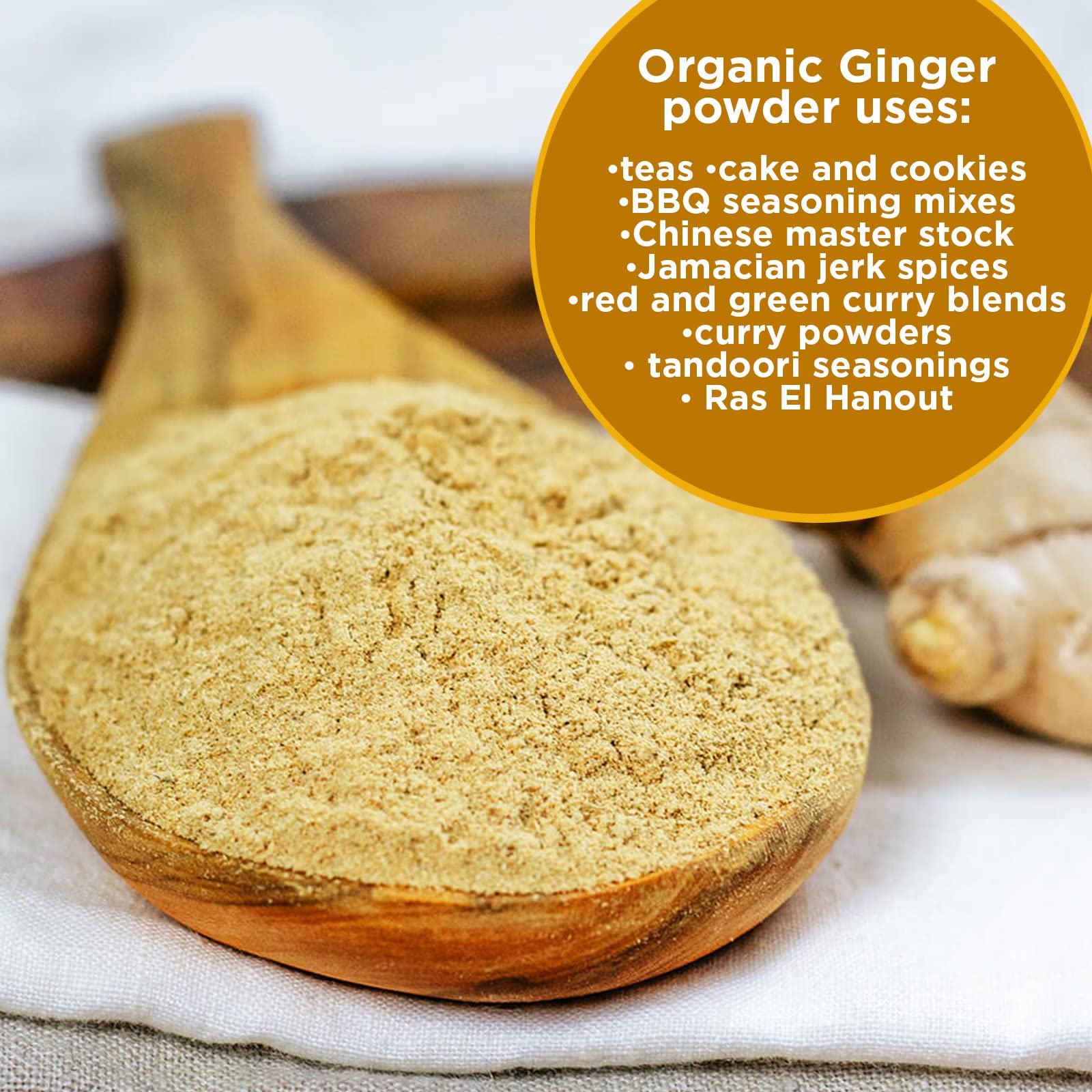 HQOExpress Organic Ground Ginger – Non GMO, Kosher, USDA Certified Organic Ginger Powder – Hot and Spicy Aromatic Seasoning for Baking, Rubs, Marinades and Smoothies, 14 oz. Chef Jar