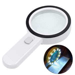 magnifying glass with light, 30x illuminated large magnifier handheld 12 led lighted magnifying glass for seniors reading, soldering, coins, jewelry, macular degeneration(silver button)