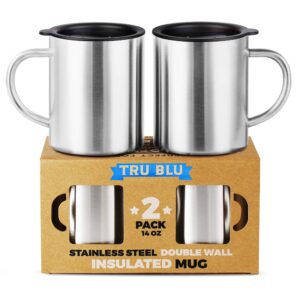 stainless steel coffee mug with lid, set of 2 – 10 oz premium double wall insulated travel cup, metal mug with handle – shatterproof, bpa free, dishwasher safe, tea, beer