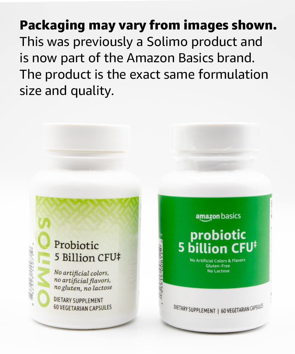 Amazon Basics Probiotic 5 Billion CFU, 8 Probiotic strains with 60 mg Prebiotic Blend, 60 Count Vegetarian Capsules, 2 Month Supply, Supports Healthy Digestion (Previously Solimo)