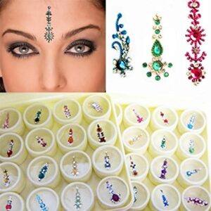 12 bindi box long multicolored crystal bindis bridal face jewels forehead tika (with extra crystal stones) | wedding makeup party event body art temporary tattoo