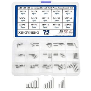 xingyheng 75pcs 15 kinds m2 m3 m4 304 stainless steel dowel pins assortment kit( round straight pin fixed element set with a storage box)